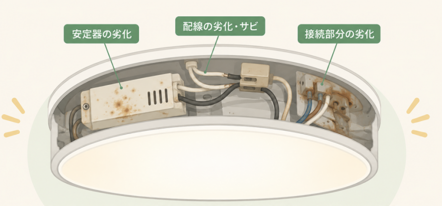 照明器具内部の劣化（配線・安定器）イメージ