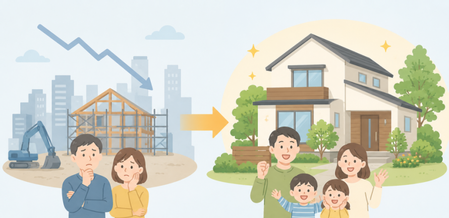 「新築住宅が減少」「既存住宅をリフォームして住み続ける家庭」(イメージ)