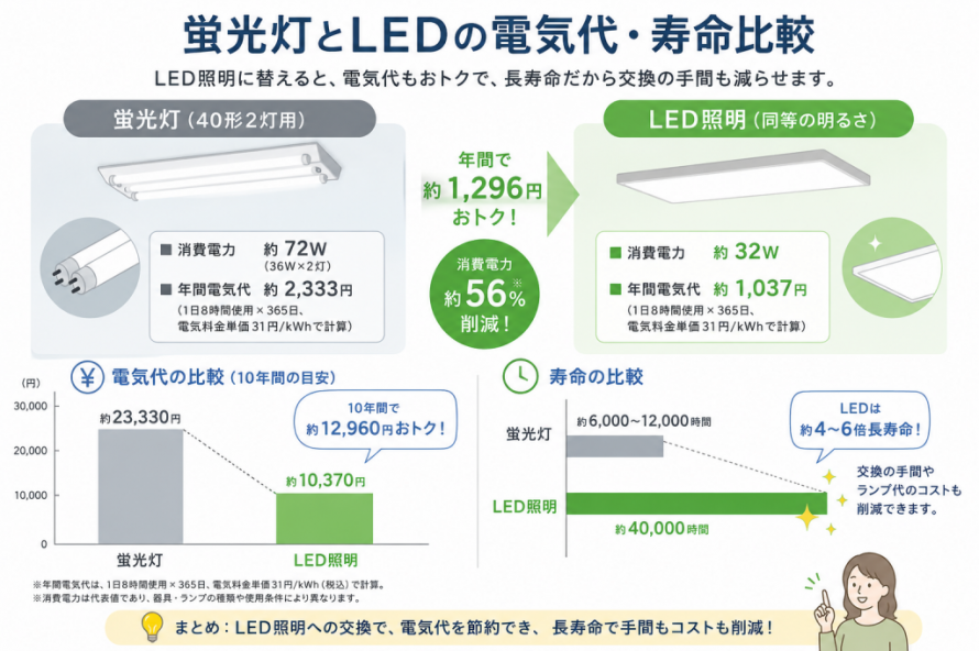蛍光灯とLEDの電気代・寿命比較(イメージ)