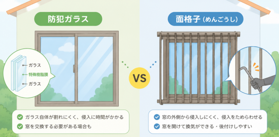 防犯ガラスと面格子の違い(イメージ)