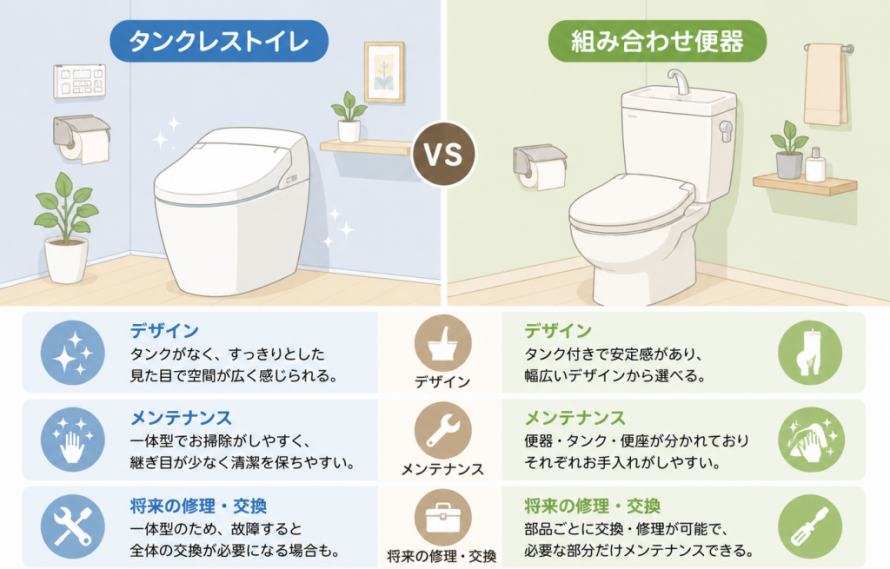 「タンクレストイレ」と「組み合わせ便器」の比較イラスト(イメージ)