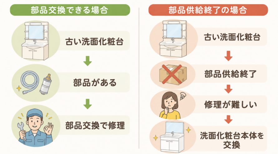 「部品交換できる場合」と「部品供給終了の場合」の比較のイメージ